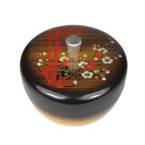 Bowl Lidded Japan Plastic Bamboo Floral Faux Wood Grain Vintage 1950 Trinket